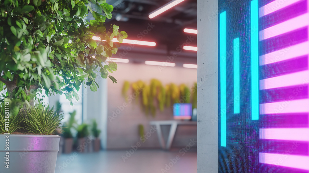 Modern workspace featuring greenery and vibrant lighting elements.