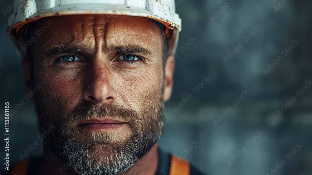 The image captures a rugged man with an intense gaze, wearing a white safety helmet against a blurred gray background, embodying strength and determination. The image captures a rugged man with an intense gaze, wearing a white safety helmet against a blurred gray background, embodying strength and determination.