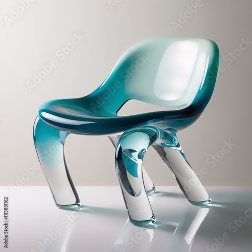 Glass sculpture of modern accent chair with turquoise to teal gradient, polished glass legs, light gray background, generative ai photo