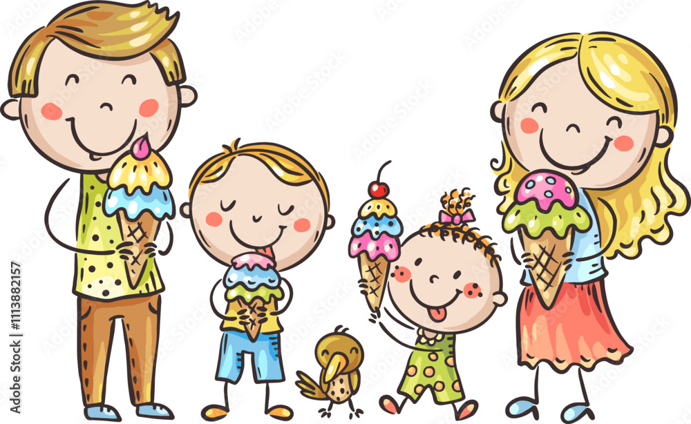 Happy cartoon family eating ice cream, parents with kids standing together, isolated characters, flat vector illustration Happy cartoon family eating ice cream, parents with kids standing together, isolated characters, flat vector illustration