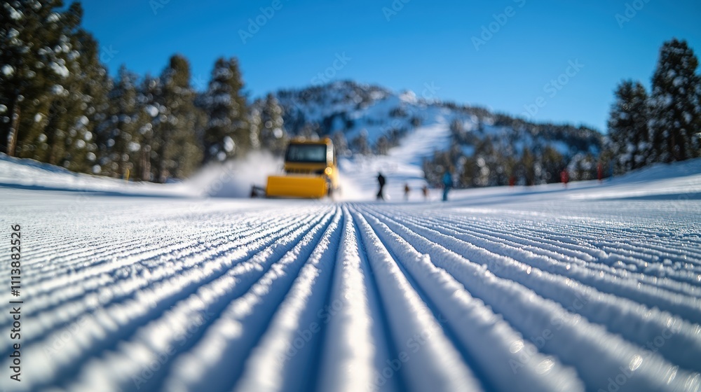 Groomed winter ski slope under bright blue sky with snowcat Groomed winter ski slope under bright blue sky with snowcat