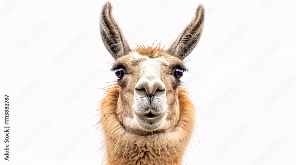 Fototapeta premium Portrait of a Surprised Llama: Close-up, isolated on a white background.