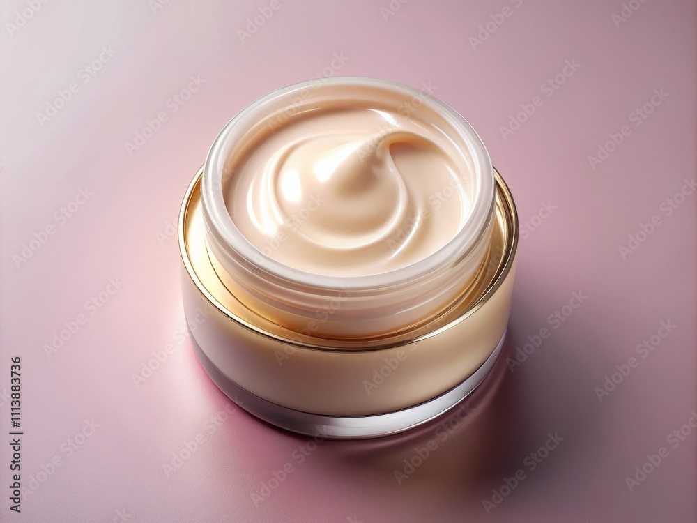 Aerial View of Elegant Jar Filled with Cream Against a Soft Pink Background, Showcasing Skin Care Cosmetics for Beauty and Fashion Enthusiasts Aerial View of Elegant Jar Filled with Cream Against a Soft Pink Background, Showcasing Skin Care Cosmetics for Beauty and Fashion Enthusiasts