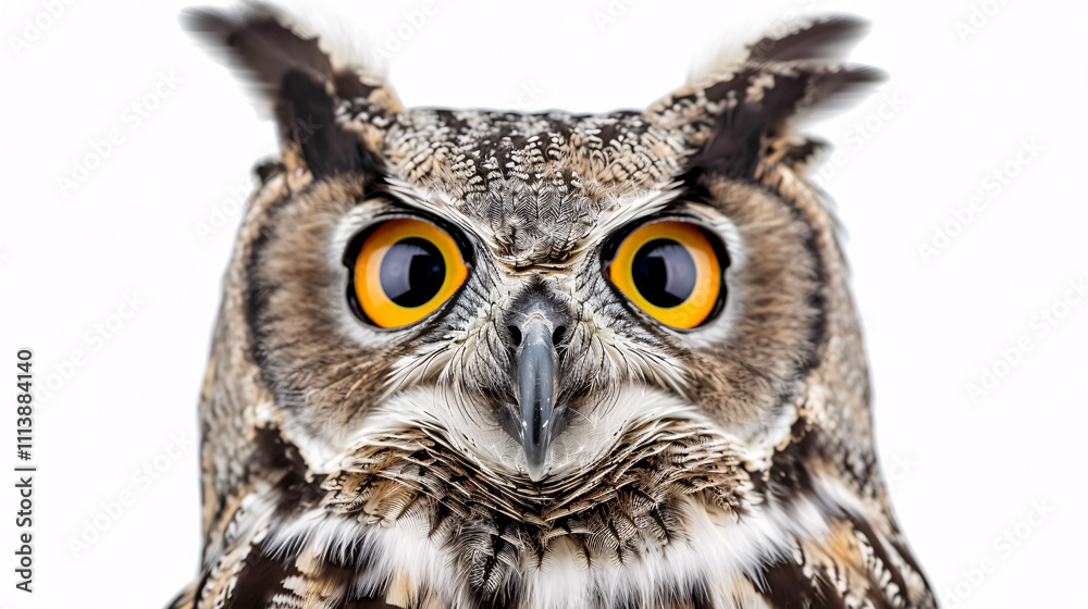 Obraz premium Portrait of a Surprised Owl: Close-up, isolated on a white background.
