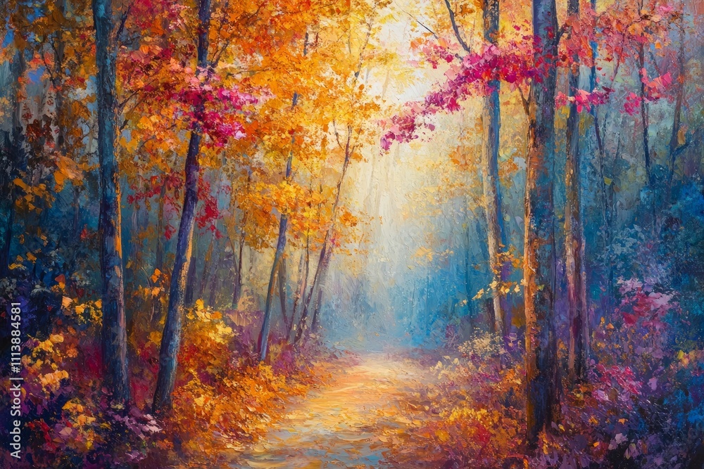 Fototapeta premium Vibrant autumn path through colorful forest landscape. Generative AI