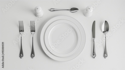 Photograph elegant white dinner plates arranged with silver cutlery on a clean white background.