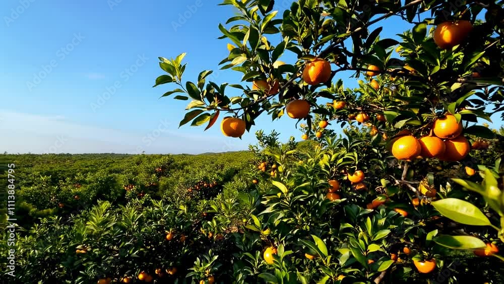 The camera pans over a sprawling orange grove, the sunlight filtering through a cloudless azure sky. A gentle breeze rustles the vibrant green leaves, causing them to shimmer like tiny emeralds. The camera pans over a sprawling orange grove, the sunlight filtering through a cloudless azure sky. A gentle breeze rustles the vibrant green leaves, causing them to shimmer like tiny emeralds.