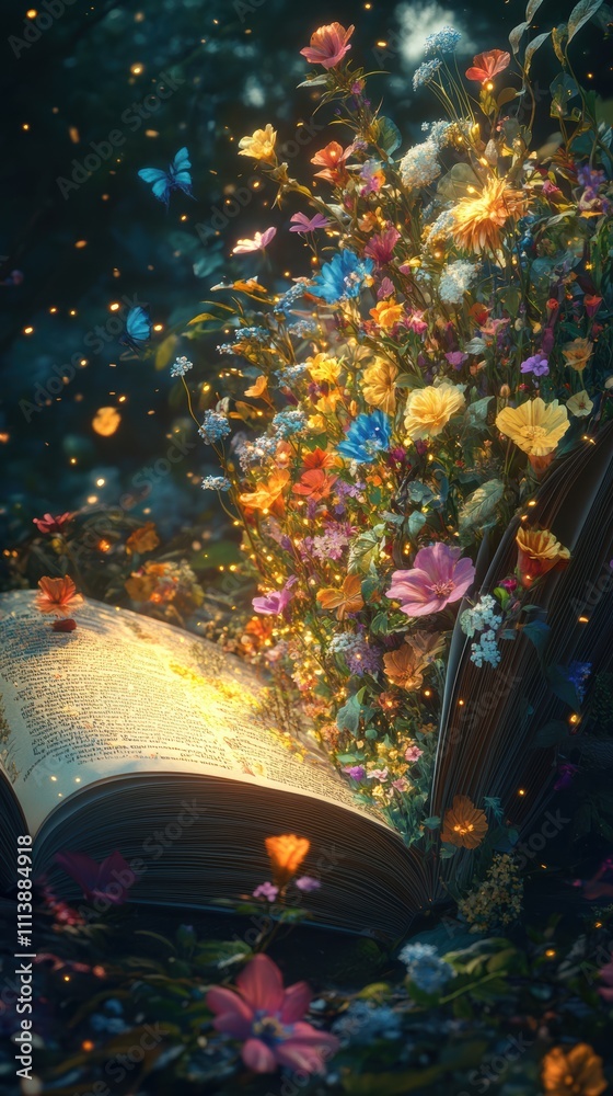 Obraz premium Whimsical garden emerging from an open book with colorful flowers