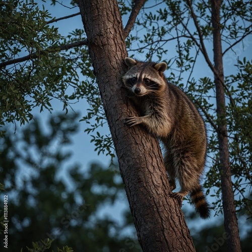 A raccoon climbing a tree at twilight with a clear sky.

