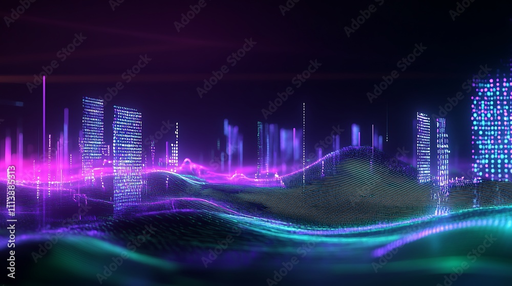 Abstract city skyline in futuristic neon style with vibrant light trails and digital wave patterns at night Abstract city skyline in futuristic neon style with vibrant light trails and digital wave patterns at night