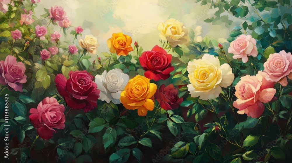 A vibrant garden displaying a profusion of colorful roses A vibrant garden displaying a profusion of colorful roses