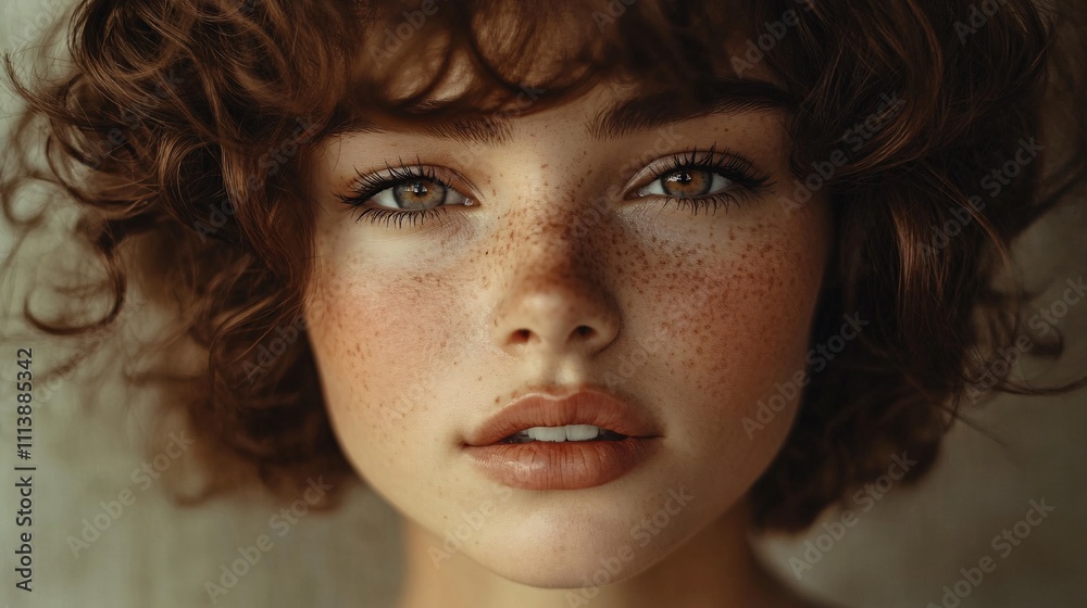 Portrait of young freckled woman with brown curly hair showing confidence Portrait of young freckled woman with brown curly hair showing confidence