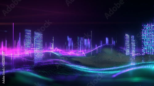 Abstract city skyline in futuristic neon style with vibrant light trails and digital wave patterns at night