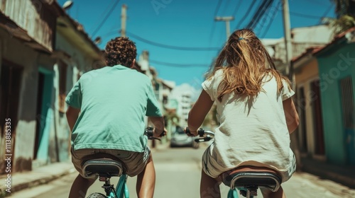 A back view of a pair bicycling leisurely down a quaint rustic street, evoking a sense of nostalgia and simple pleasures on a sunny day in a charming setting. photo