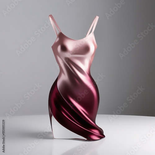 Glass sculpture of slip dress with glossy gradient blush pink to deep burgundy finish, detailed straps and flowing silhouette, modern craftsmanship against light gray background, generative ai photo