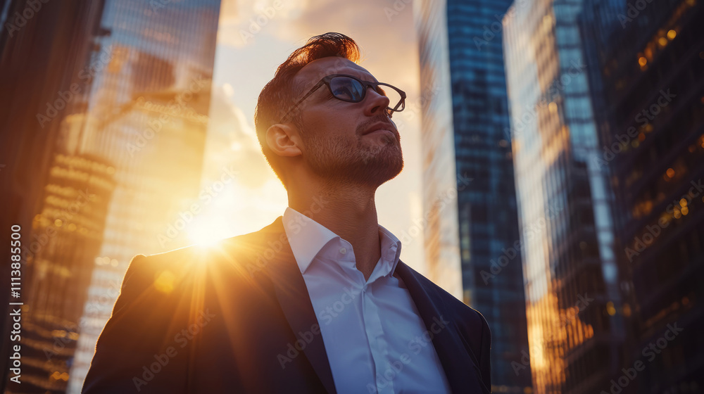 Successful businessman in city street with sunset background Successful businessman in city street with sunset background
