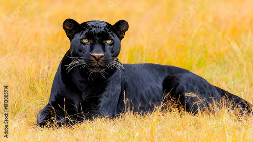 Elegant black panther resting in golden grasslands wildlife photography nature photo