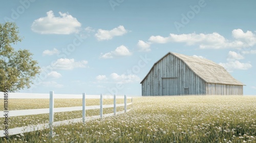 White Barn in a Field of Wildflowers Under a Blue Sky photo