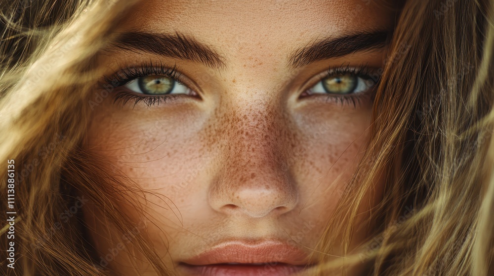 A young woman with freckles and expressive eyes gazes directly at the camera, conveying confidence, beauty, and the natural grace of simple elegance. A young woman with freckles and expressive eyes gazes directly at the camera, conveying confidence, beauty, and the natural grace of simple elegance.