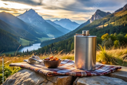 Metallic Flask Mockup for Outdoor Branding: Showcase Your Design in a Nature-Inspired Setting with a Stylish Flask Surrounded by Scenic Elements for Marketing and Promotional Use photo