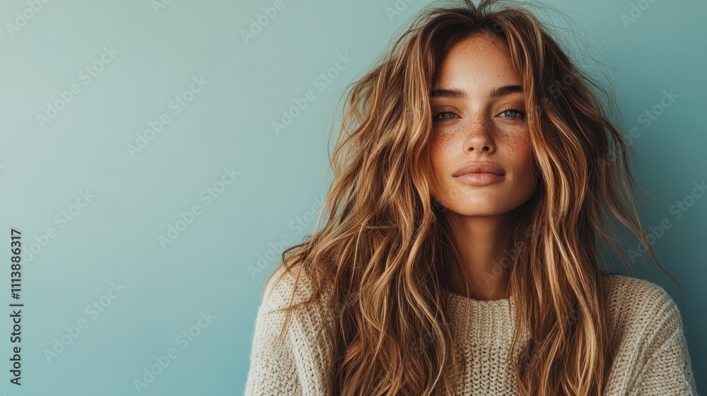 A woman with wavy, long hair and freckles stands confidently in front of a turquoise background, exuding a natural beauty and stylish elegance in a cozy sweater. A woman with wavy, long hair and freckles stands confidently in front of a turquoise background, exuding a natural beauty and stylish elegance in a cozy sweater.