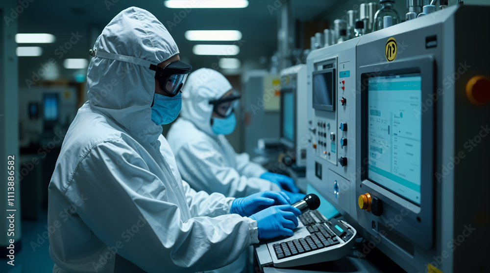 Scientists working in sterile high tech laboratory facility with computer interface Scientists working in sterile high tech laboratory facility with computer interface