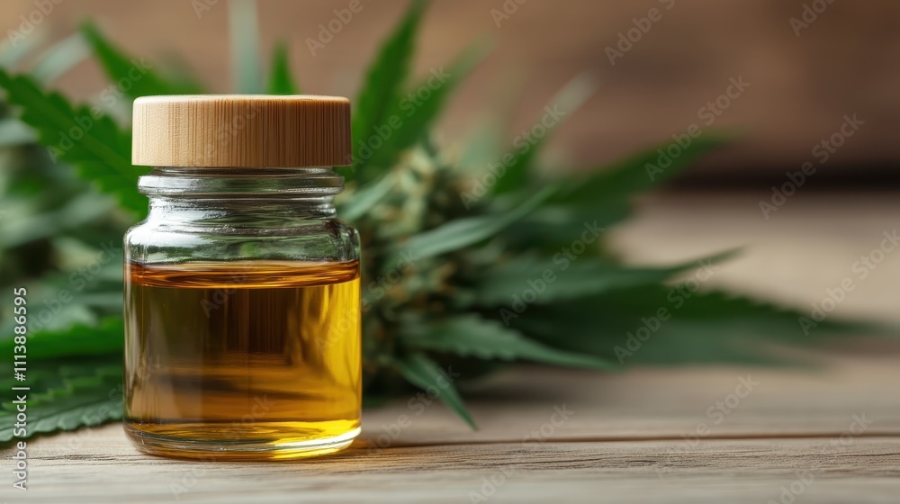 A small glass bottle filled with golden CBD oil stands on a wooden table. Fresh cannabis leaves spread around the bottle, emphasizing natural and organic theme. A small glass bottle filled with golden CBD oil stands on a wooden table. Fresh cannabis leaves spread around the bottle, emphasizing natural and organic theme.