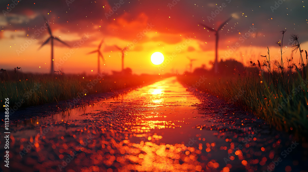 Sunset's Fiery Reflection on Road, Windmills Sunset's Fiery Reflection on Road, Windmills