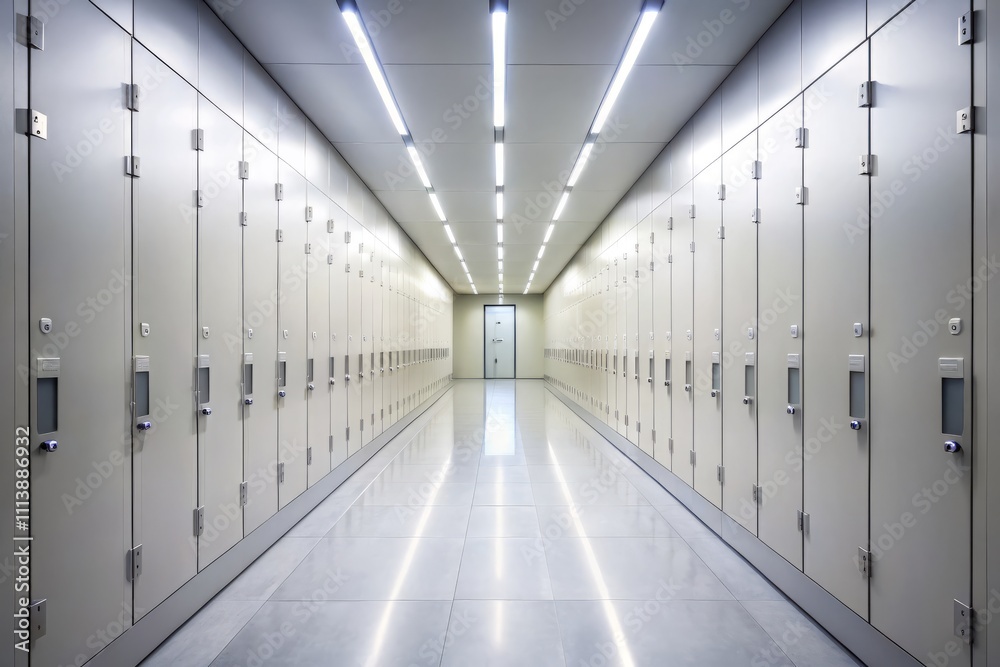 Minimalist Hallway with Lockers and Doorway - A Visual Exploration of Symmetry and Space in a Long, Narrow Corridor Illuminated by Fluorescent Lights