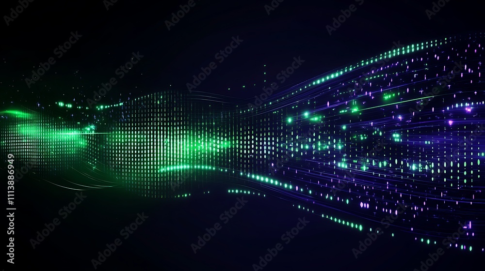 Abstract digital background featuring glowing lines and vibrant green and purple lights with a futuristic feel