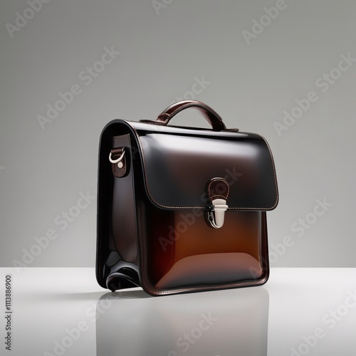 Glass sculpture of a messenger bag with glossy gradient brown to black finish, fine stitching and metallic clasp, modern craftsmanship against light gray background, generative ai photo