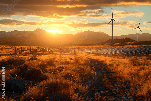 Golden Hour: Solar Panels & Wind Turbines Powering a Sunset Landscape photo