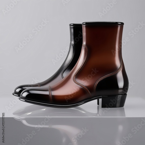 Glass sculpture of leather boots with glossy gradient brown to black finish, fine stitching and sculpted folds, modern craftsmanship against light gray background, generative ai photo