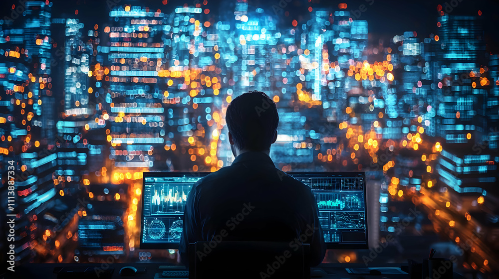Analyst Views City Data at Night, Illuminating Trends Analyst Views City Data at Night, Illuminating Trends