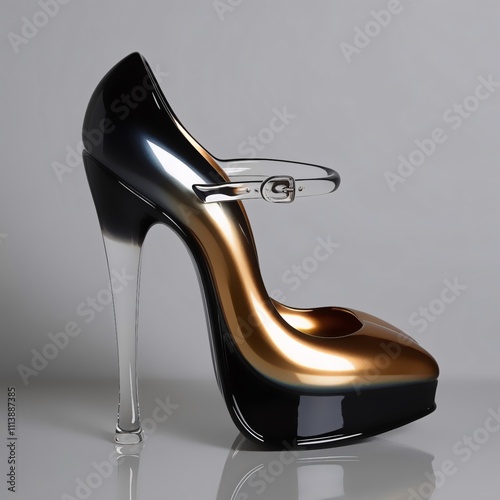 Glass sculpture of high heels with glossy gradient black to gold finish, detailed straps and buckle, modern craftsmanship against light gray background, generative ai