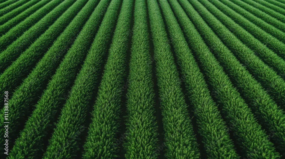 An aerial view highlights the lush, symmetrical rows of a vibrant green field, showcasing the orderly and repetitive patterns of the flourishing vegetation. An aerial view highlights the lush, symmetrical rows of a vibrant green field, showcasing the orderly and repetitive patterns of the flourishing vegetation.