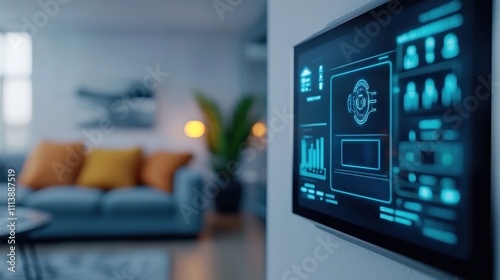 A sleek smart home interface displaying real-time data in a modern living room setting, highlighting technology and comfort.