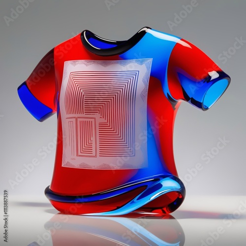 Glass sculpture of graphic T-shirt with glossy gradient red to blue finish, etched graphic design, detailed collar and sleeves, modern craftsmanship against light gray background, generative ai photo