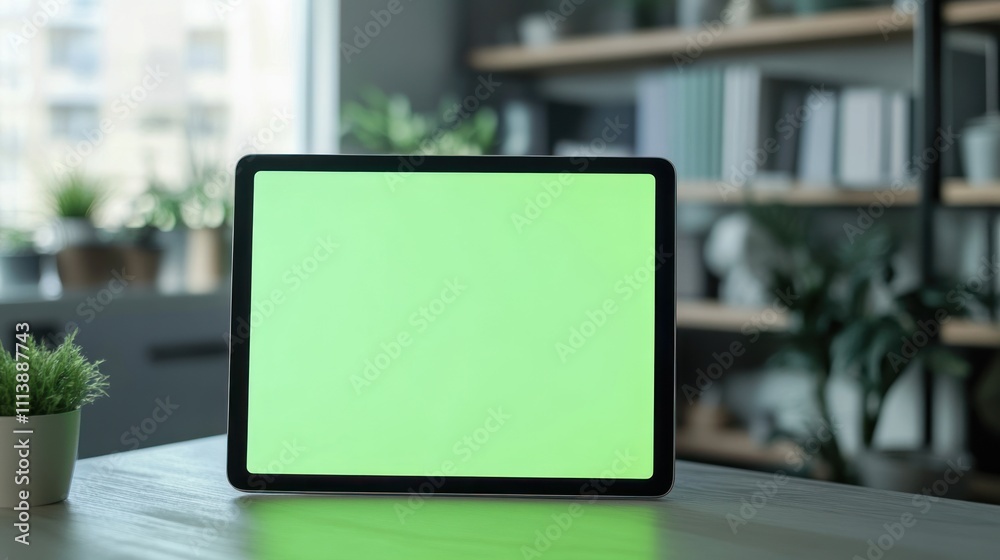 Green Screen Tablet on Desk in Modern Office Green Screen Tablet on Desk in Modern Office