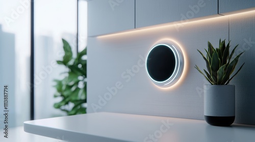 A modern smart home device mounted on a stylish wall, accompanied by a decorative plant, creating a sleek and contemporary interior.