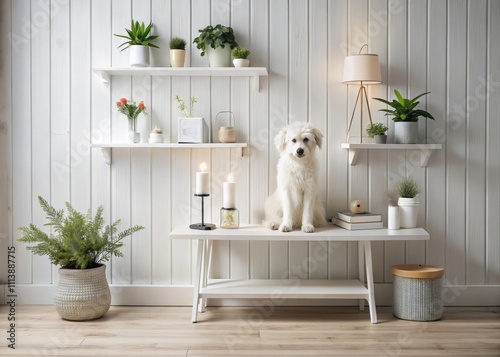 Minimalist Scene of a White Dog on a Shelf Surrounded by Decor in a Room with White Wood Paneled Walls, Showcasing Tranquility and Simplicity in Interior Design photo