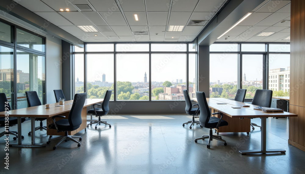 Bright and modern conference room offers city skyline views and a productive atmosphere for collaboration Bright and modern conference room offers city skyline views and a productive atmosphere for collaboration