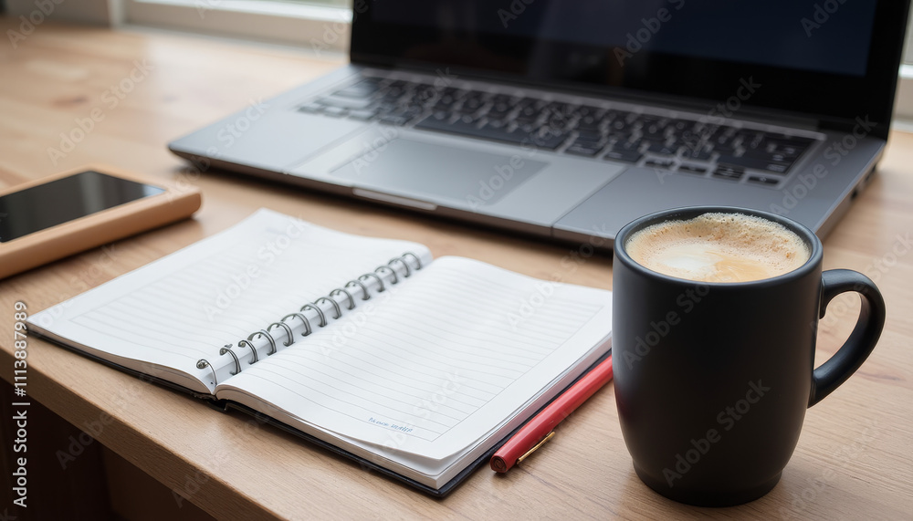 Perfect morning routine with coffee and notebook by the laptop on a wooden desk Perfect morning routine with coffee and notebook by the laptop on a wooden desk