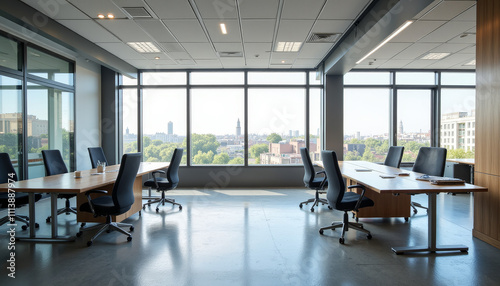 Bright and modern conference room offers city skyline views and a productive atmosphere for collaboration