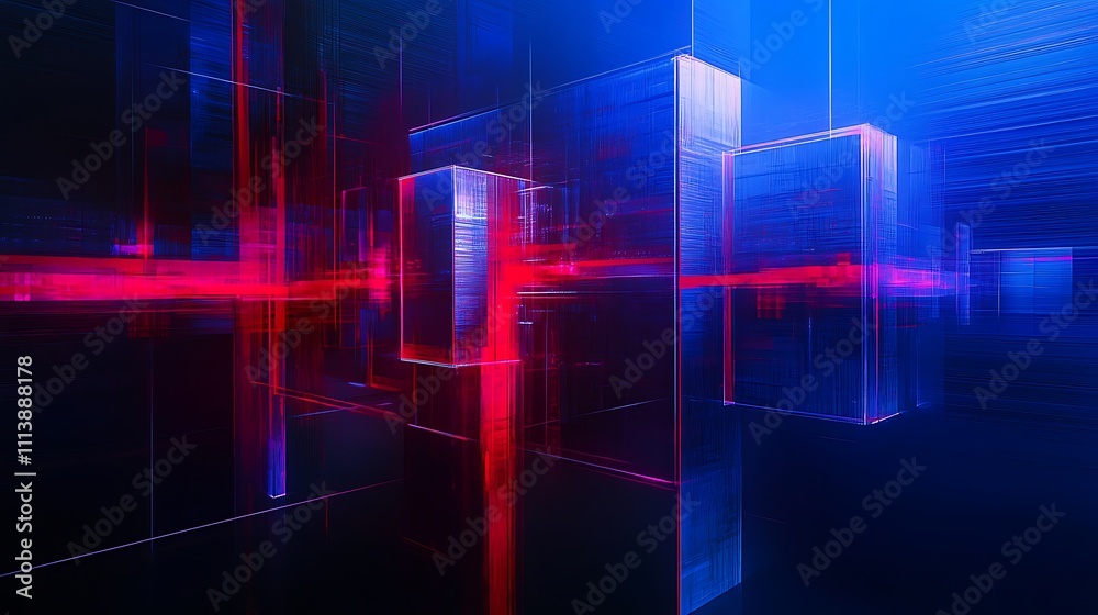 Abstract Digital Background with Neon Light Beams and Geometric Shapes in Blue and Red Color Palette Abstract Digital Background with Neon Light Beams and Geometric Shapes in Blue and Red Color Palette