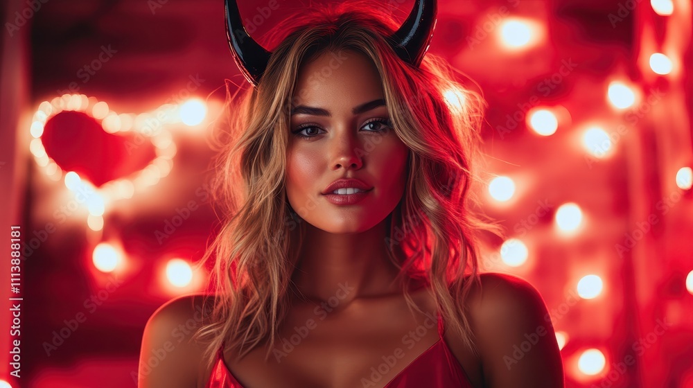 A smiling woman in devil horns bathed in warm, red light, with festive decorations, creating a playful and vibrant atmosphere of celebration and charm. A smiling woman in devil horns bathed in warm, red light, with festive decorations, creating a playful and vibrant atmosphere of celebration and charm.
