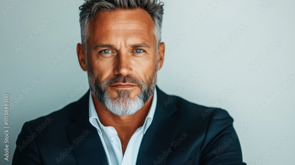 A mature, confident man with gray hair and a well-groomed beard wearing a sharp suit, exudes poise and elegance against a clean, neutral background. A mature, confident man with gray hair and a well-groomed beard wearing a sharp suit, exudes poise and elegance against a clean, neutral background.