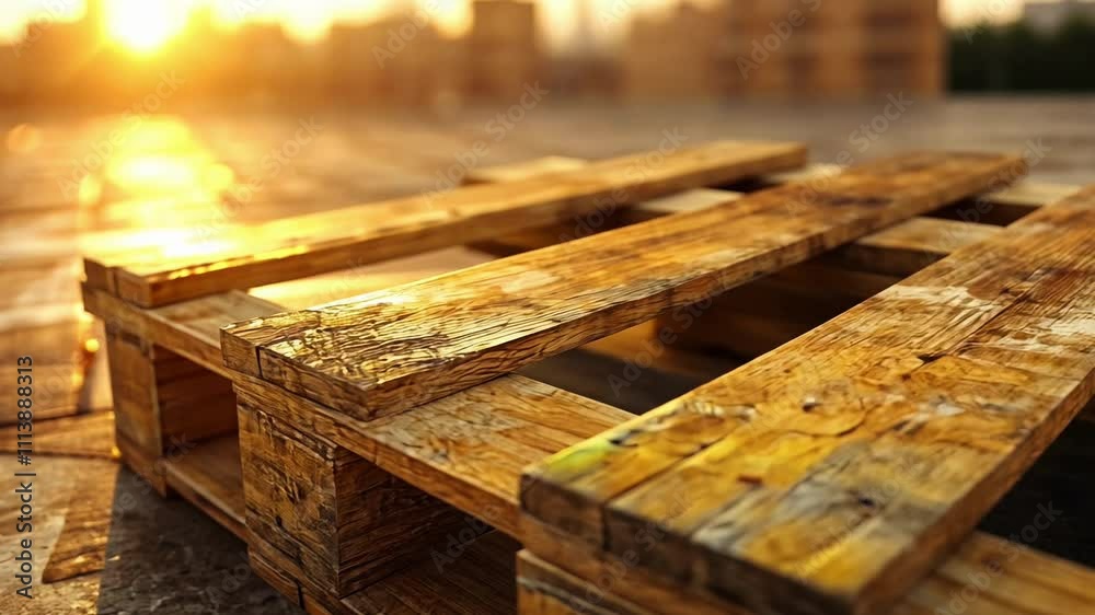 Wooden Pallet Resting on a Concrete Surface During Sunset With Warm Light Illuminating the Surrounded Area Wooden Pallet Resting on a Concrete Surface During Sunset With Warm Light Illuminating the Surrounded Area