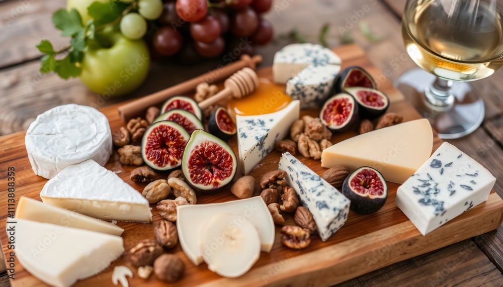 A rustic cheeseboard with a variety of gourmet cheeses brie, gouda, blue cheese arranged with sliced apples, figs, nuts, and honey. The board is set on a wooden table evoking a vineyard or picnic. A rustic cheeseboard with a variety of gourmet cheeses brie, gouda, blue cheese arranged with sliced apples, figs, nuts, and honey. The board is set on a wooden table evoking a vineyard or picnic.