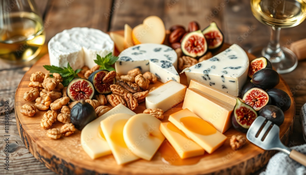 A rustic cheeseboard with a variety of gourmet cheeses brie, gouda, blue cheese arranged with sliced apples, figs, nuts, and honey. The board is set on a wooden table evoking a vineyard or picnic.